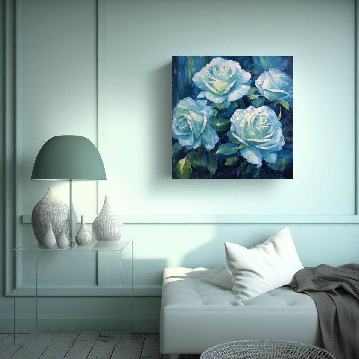 GENERICO - Clásico Arte Conceptual De Pared Azul Con Rosas 60x60 Cm
