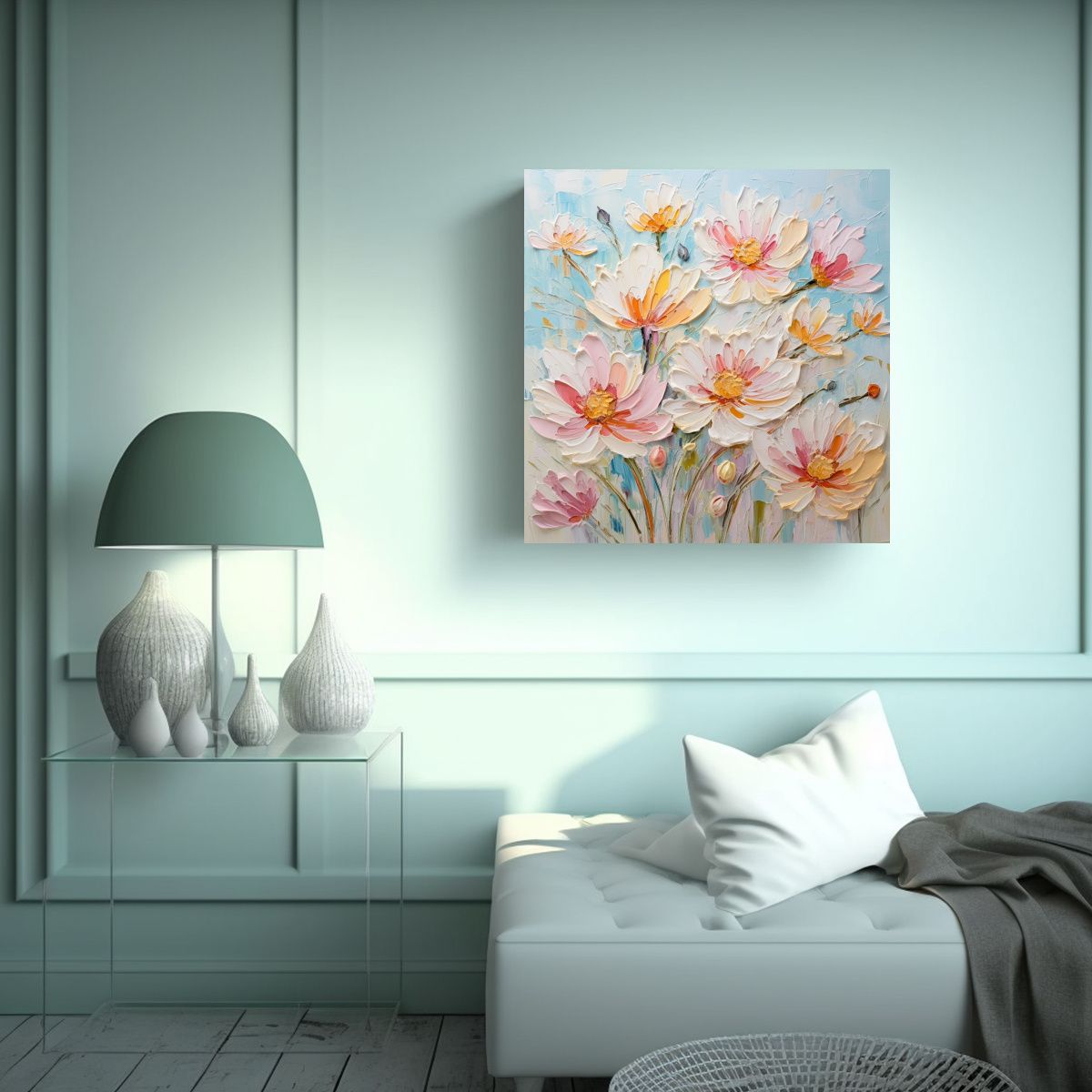 GENERICO - Pintura En Lienzo Con Flores De Colores Pastel En 60x60 Cm
