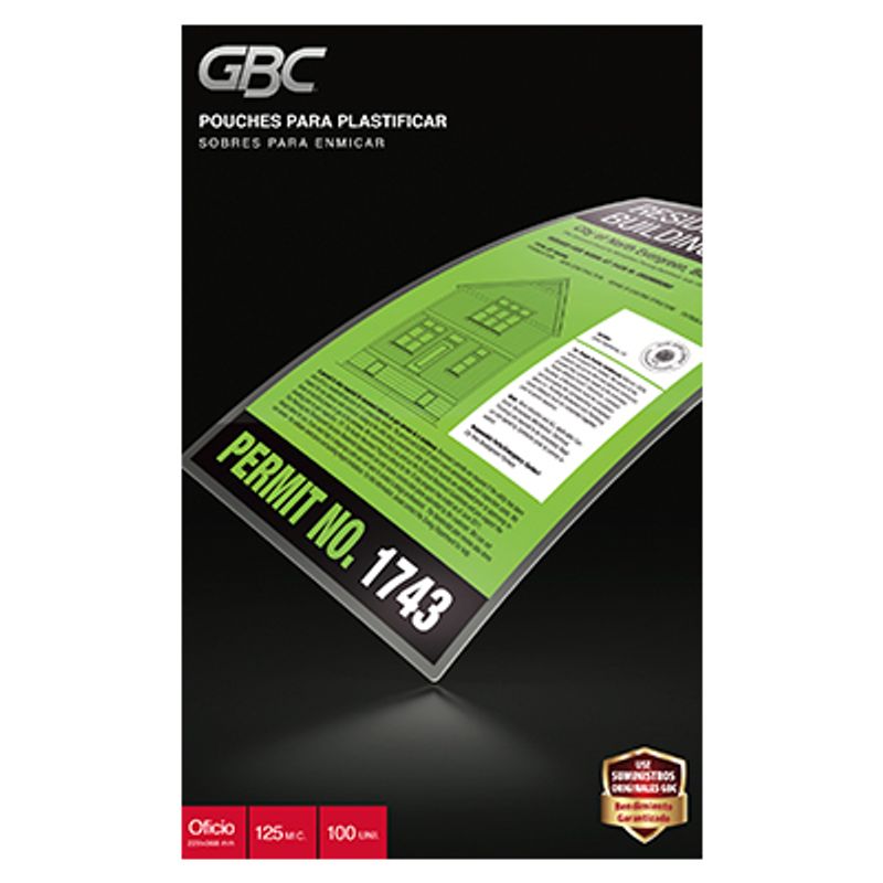 GENERICO - Laminas de Plastificar Oficio 125Mic 229X368mm 100 UN GBC