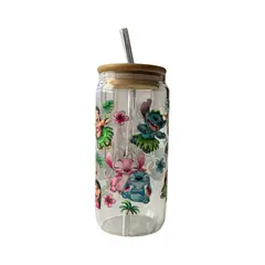 GENERICO - Vaso Con Diseño Stitch con tapa de bambú