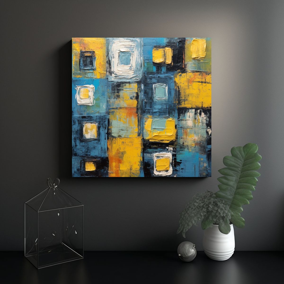 GENERICO - Cuadro Abstracto Con Cuadrados Azules Y Amarillos 100x100 Cm