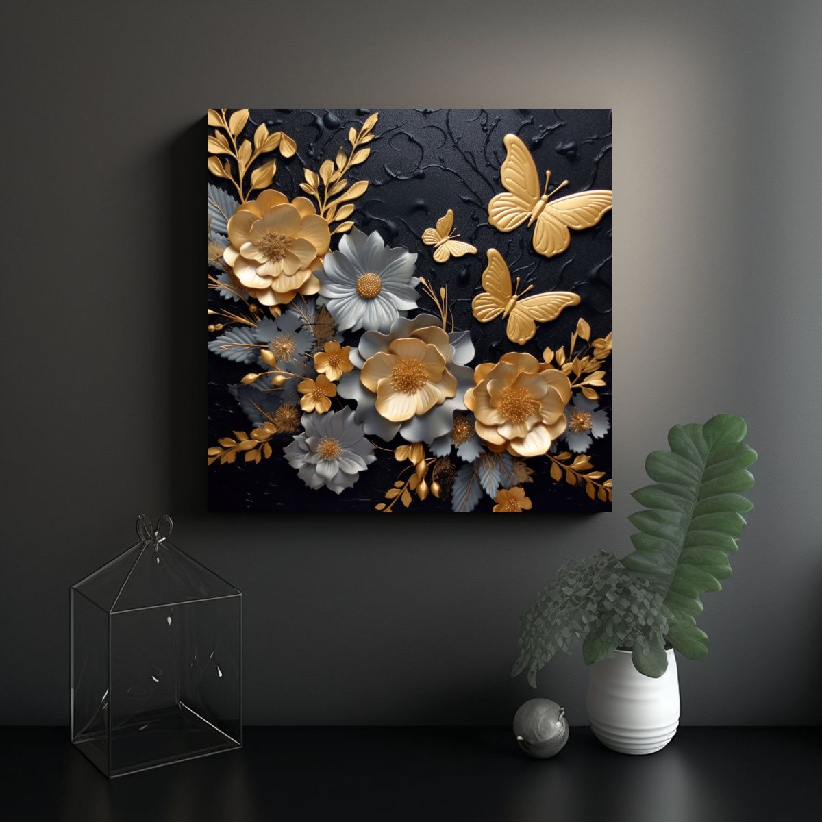 GENERICO - Cuadro Arte Grafico 3D Mariposas Y Flores Hoja 100x100 Cm