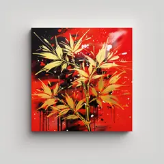 GENERICO - Cuadro De Bambú En Rojo Y Dorado Con Líneas 100x100 Cm