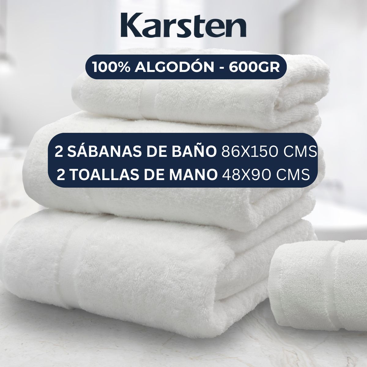 KARSTEN - Set toalla sábana hotelera 4 piezas 600gr 100% algodón blancas