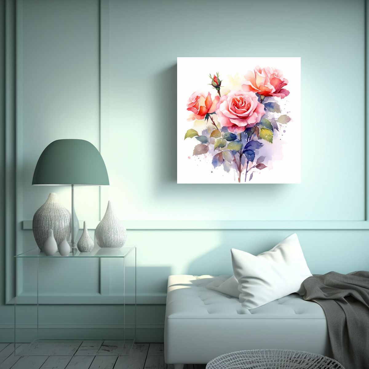 GENERICO - Lienzo Floral Luminoso De Acuarela Con Rosas En 100x100 Cm