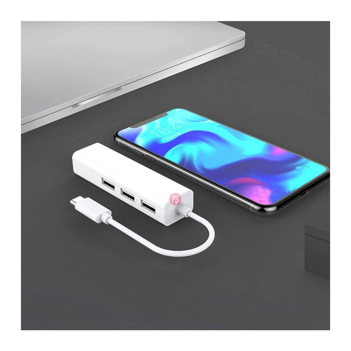 TECNOLAB - Hub USB-C 4 en 1 con 3 Puertos USB Y RJ45 Ethernet - PS