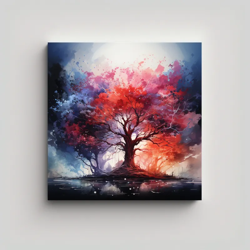 GENERICO - Estilo Óleo De árbol De Bosque En Colores Rojo 100x100 Cm
