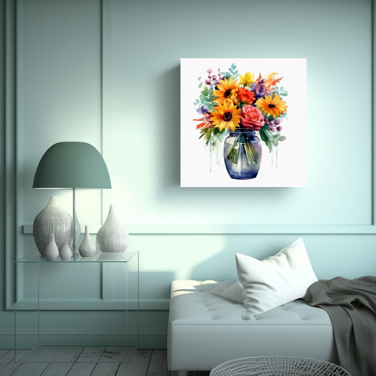 GENERICO - Detalle Acuarela Jarrón De Flores Vividas En 100x100 Cm