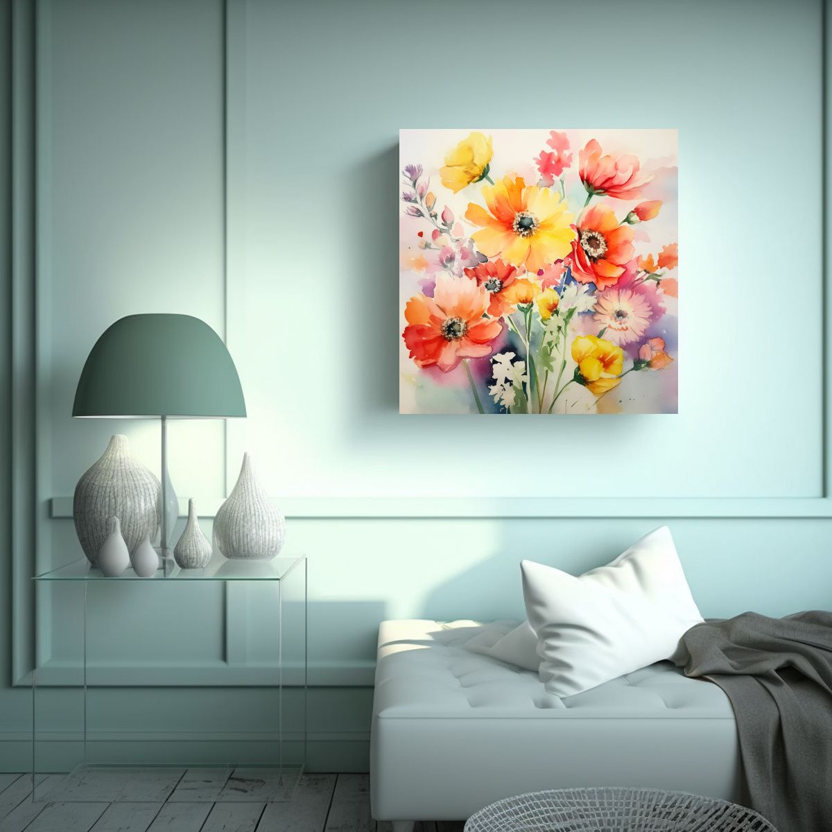 GENERICO - Verano Acuarela Flores Perspectiva Calidos Canva 100x100 Cm