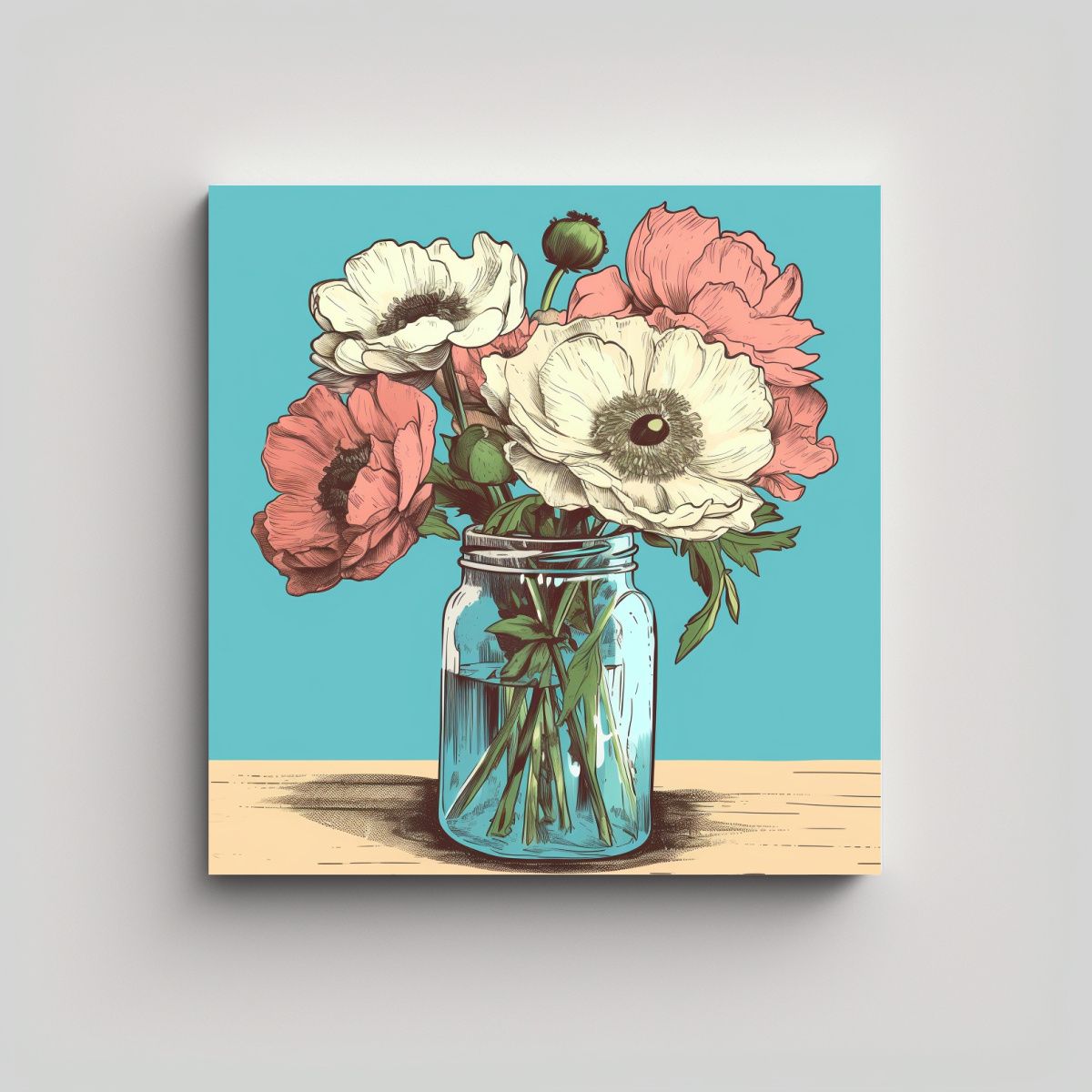 GENERICO - Ilustración Vintage De Peonías Y Anémonas En 100x100 Cm