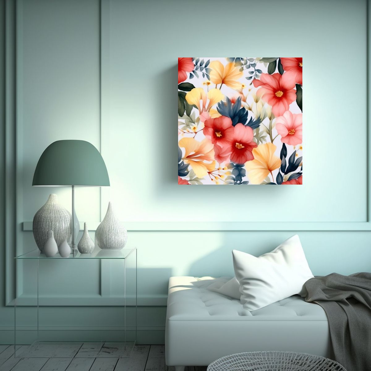 GENERICO - Lienzo Floral Acuarela Translúcido Con Líneas 100x100 Cm