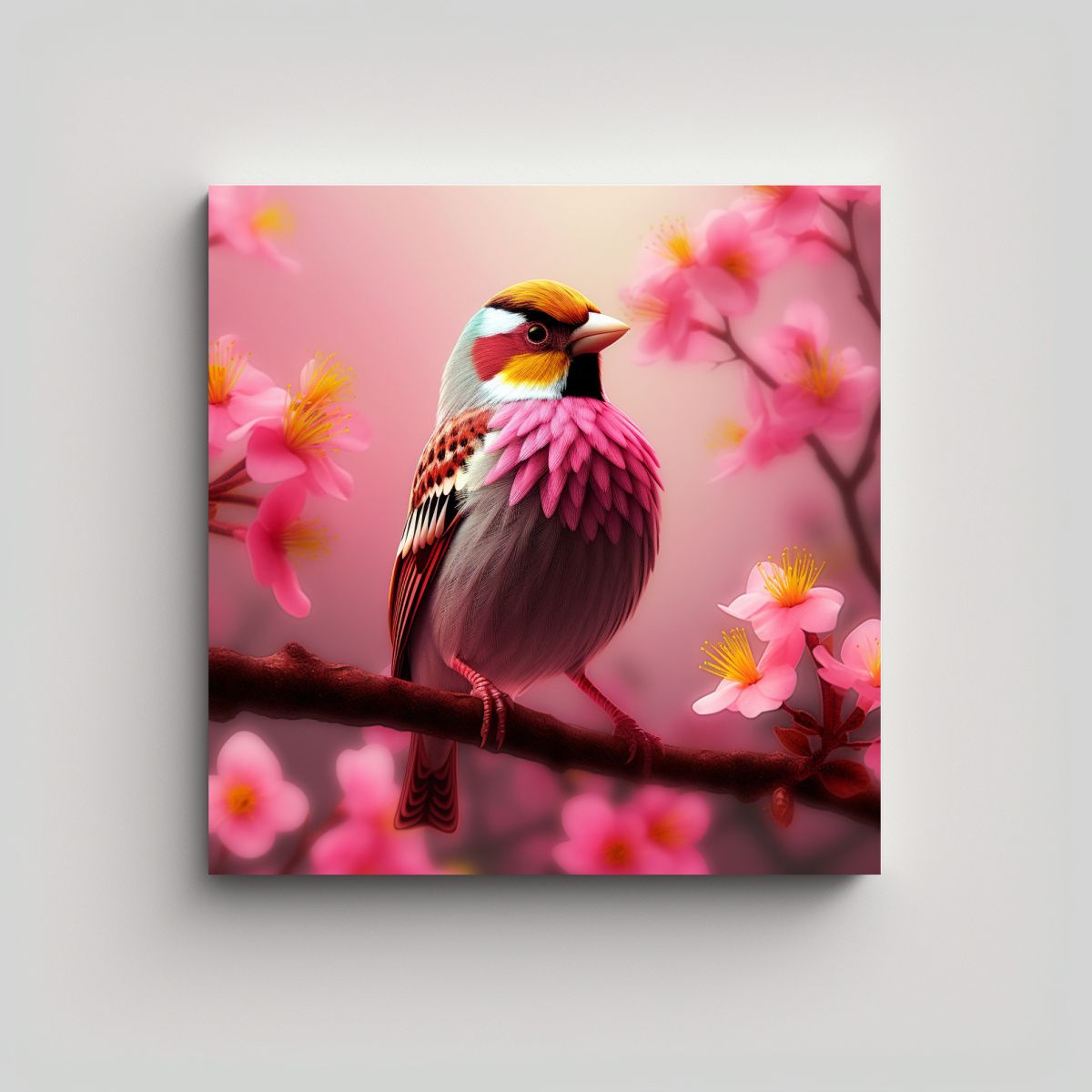 GENERICO - Cuadro Lienzo Diseño Pájaro En Rama Flores Rosa 100x100 Cm
