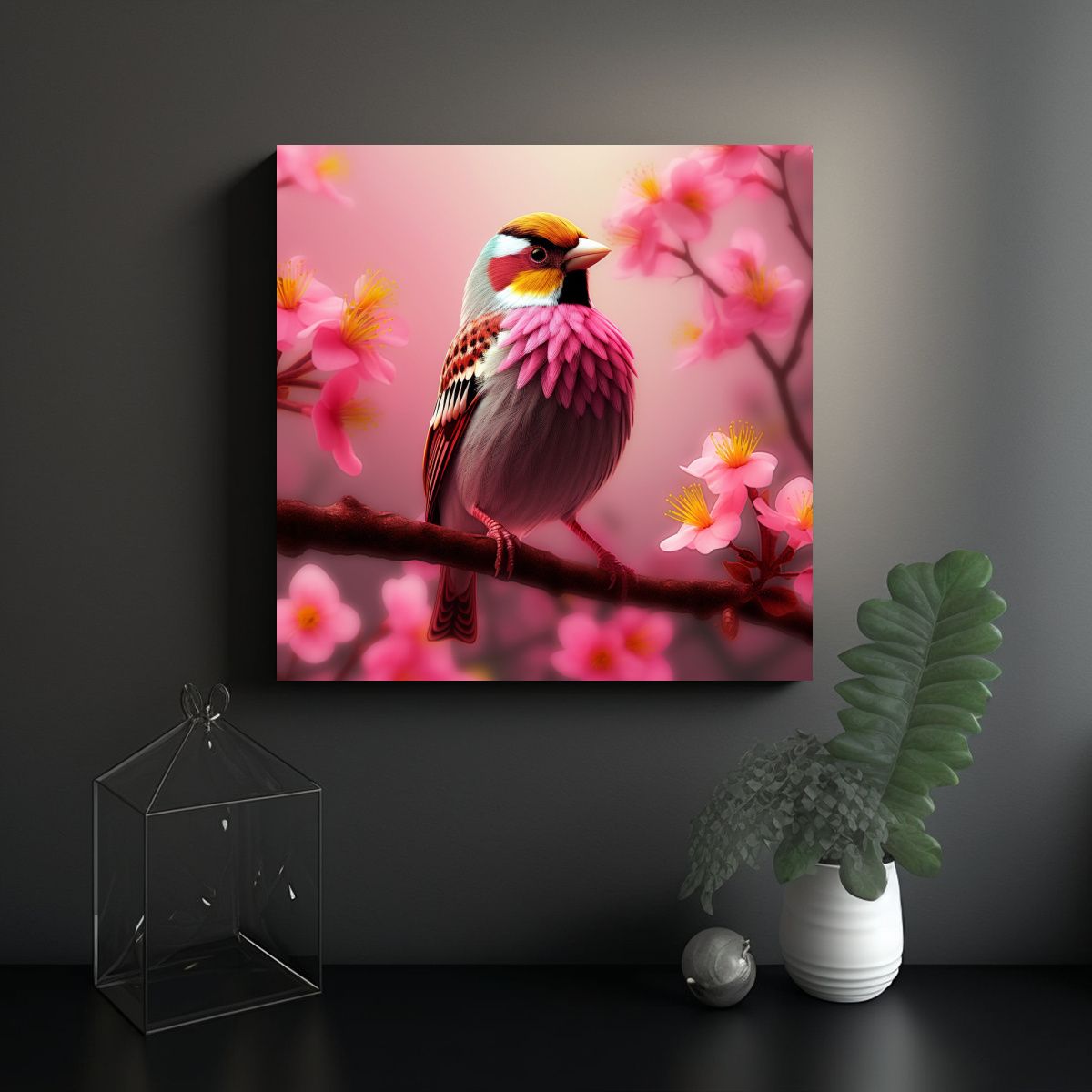 GENERICO - Cuadro Lienzo Diseño Pájaro En Rama Flores Rosa 100x100 Cm