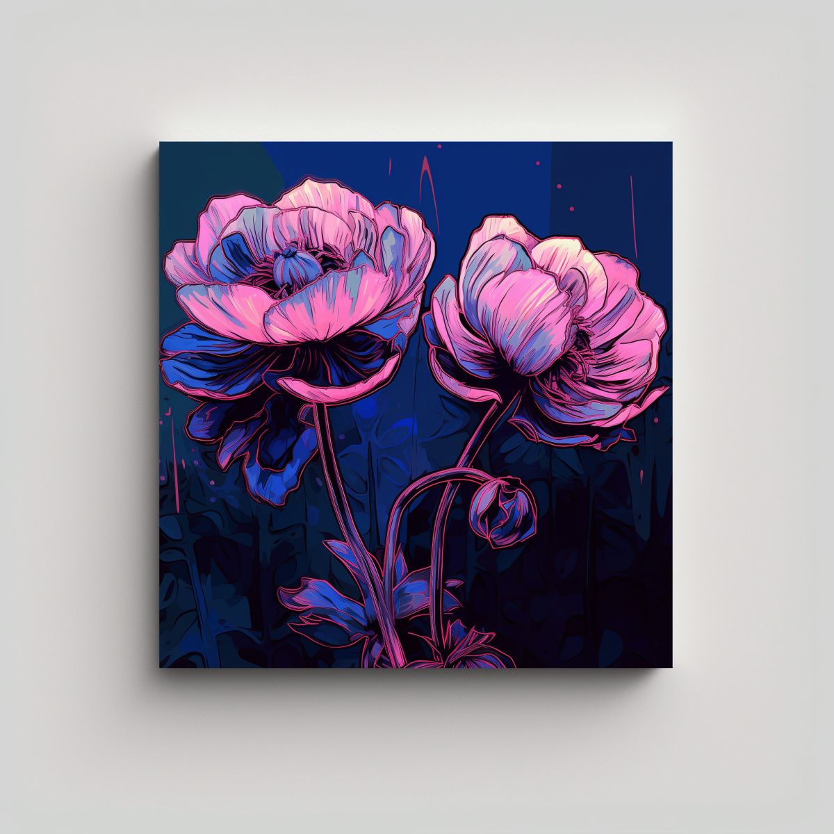 GENERICO - Cuadro Simple Con Fondo Morado Y Dos Flores Rosas 100x100 Cm