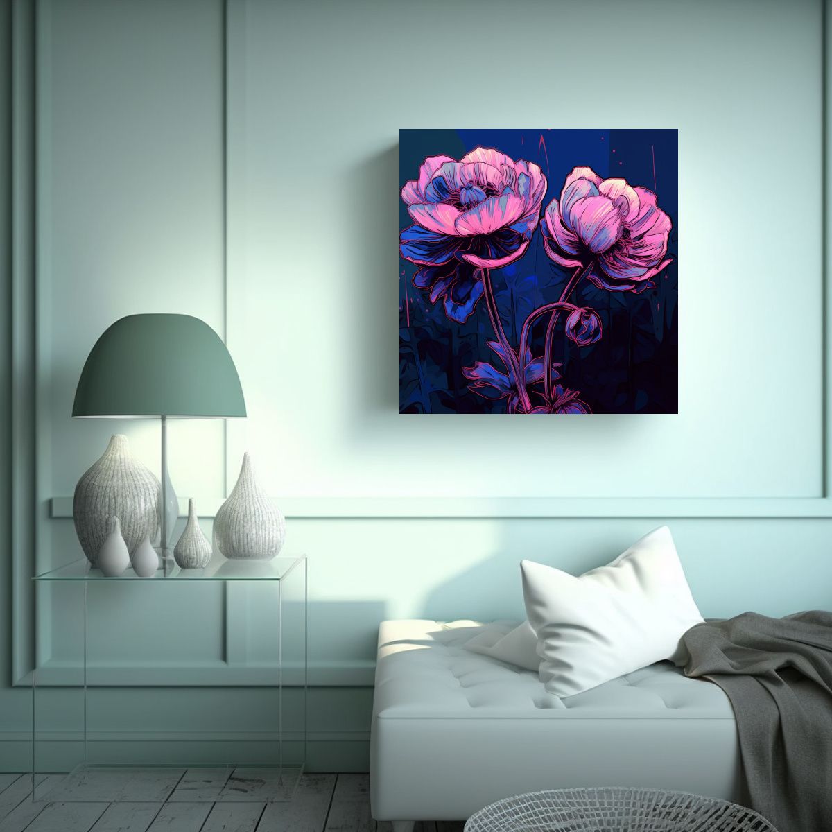 GENERICO - Cuadro Simple Con Fondo Morado Y Dos Flores Rosas 100x100 Cm