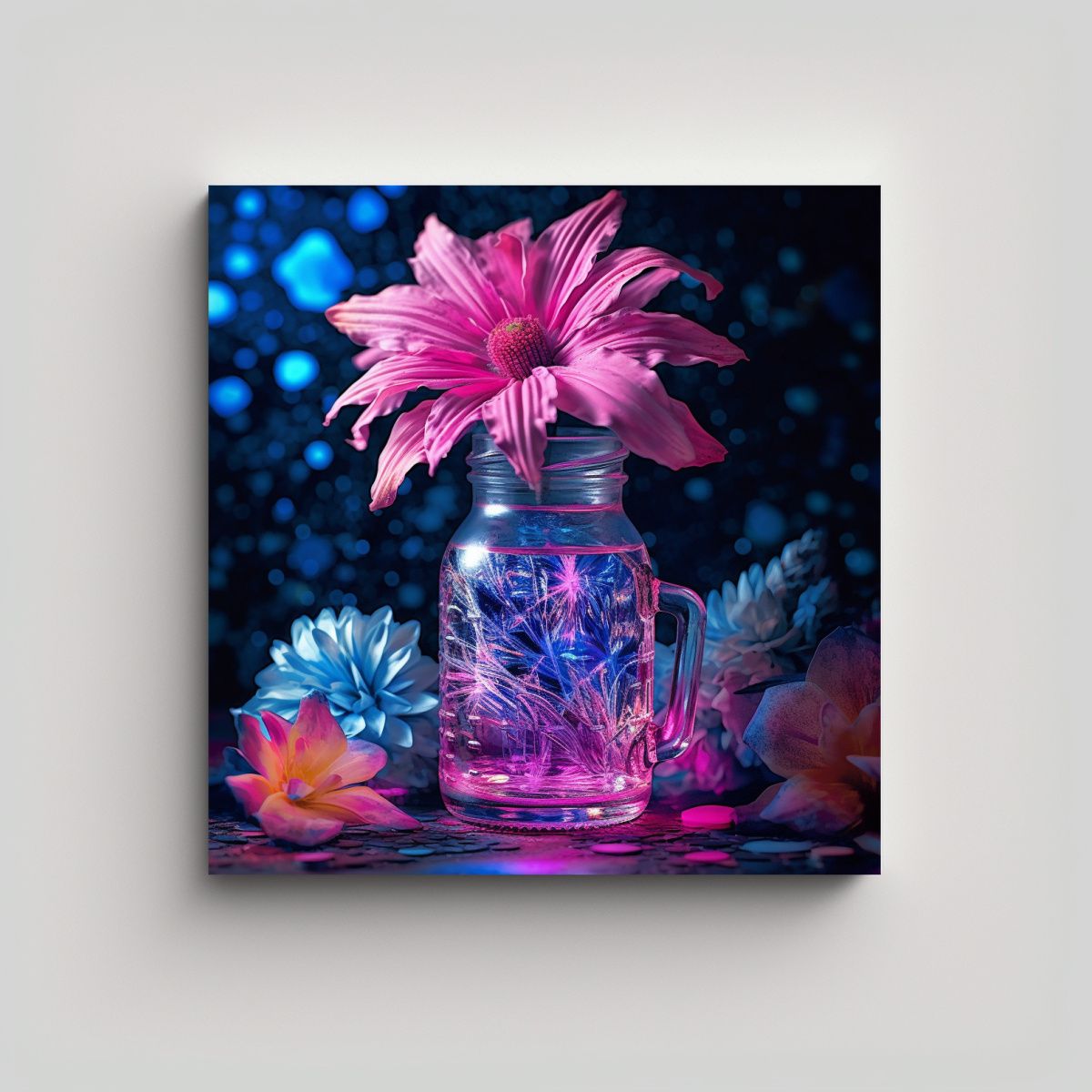 GENERICO - Acuarela Arte Mural Azul Flor En Jarrón De 100x100 Cm