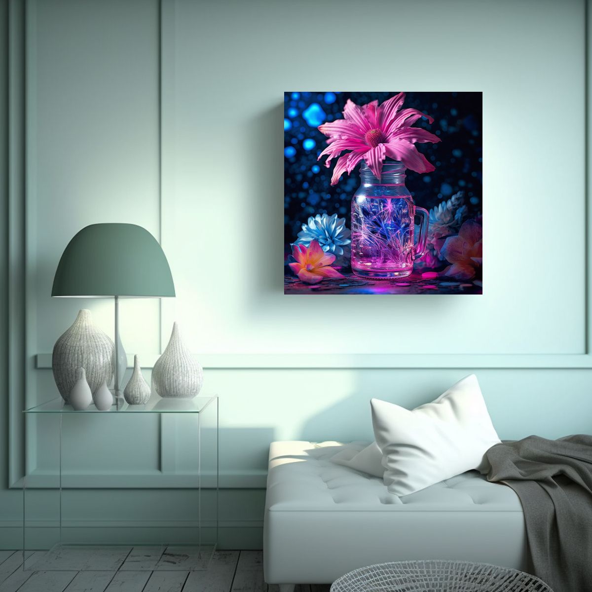 GENERICO - Acuarela Arte Mural Azul Flor En Jarrón De 100x100 Cm