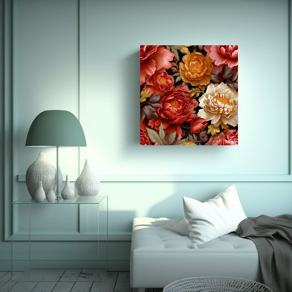 GENERICO - Poderoso Lienzo Decorativo 3D Peonia Rojo Naranja 100x100 Cm