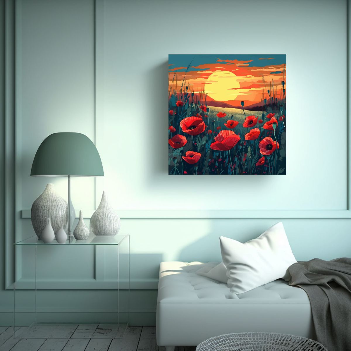 GENERICO - Abstracción Simétrica Y Campo De Amapolas Al 100x100 Cm