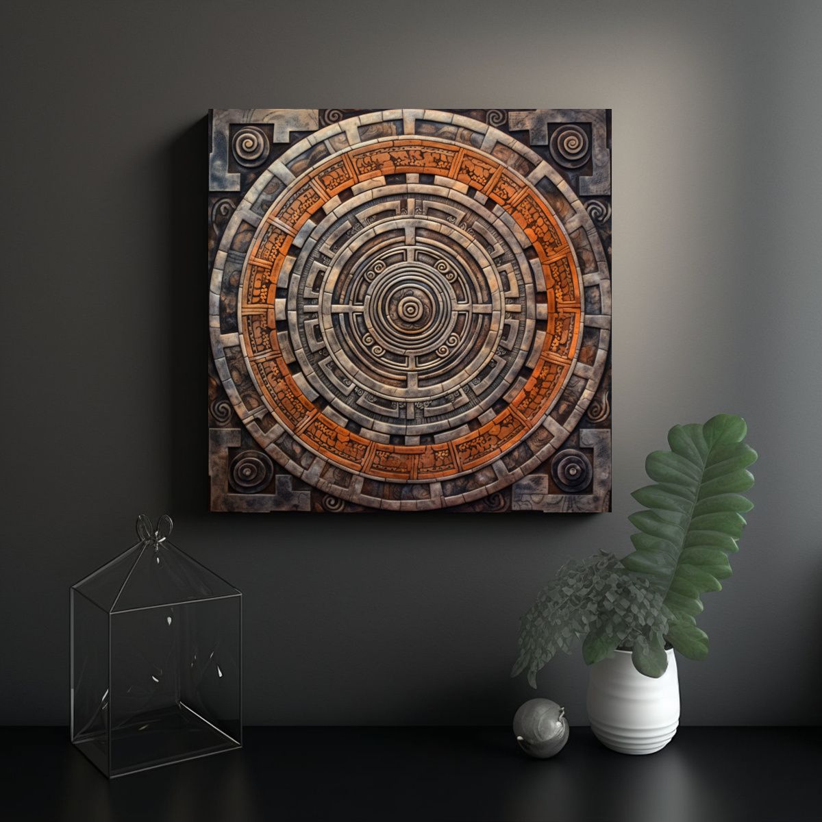 GENERICO - Cuadros Mayas Blanco Y Negro Con Toque Rojo Arte 100x100 Cm