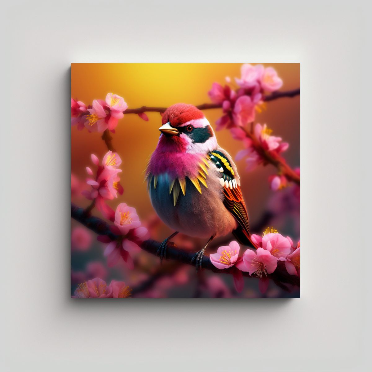 GENERICO - Cuadro Impreso Con Ave En Rama Con Flores Rosadas 100x100 Cm