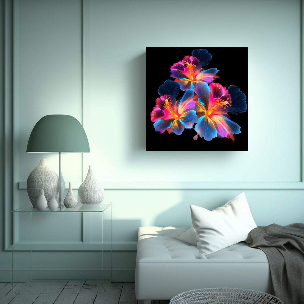 GENERICO - Cuadro Vibrante Neon Hibisco Flores Dibujo Para 100x100 Cm