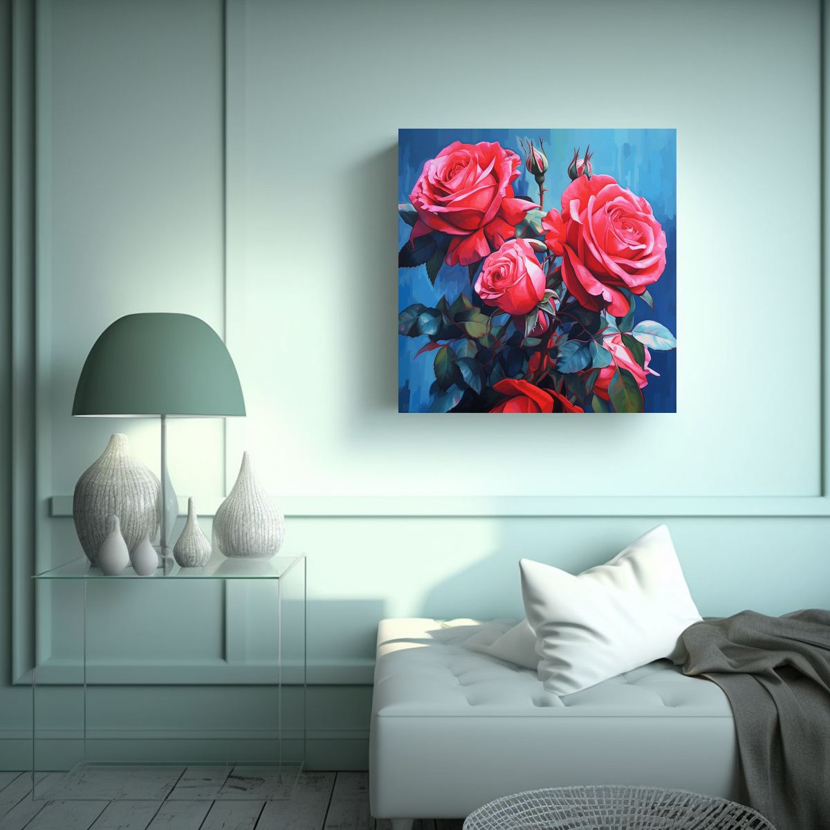 GENERICO - Concepto Canva Rosas Rojas Sobre Fondo Azul - 100x100 Cm
