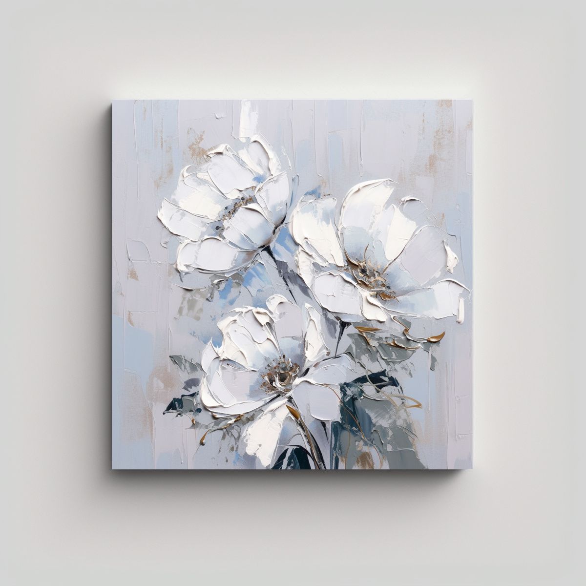 GENERICO - Cuadro De Flores En Lienzo Blanco Y Plateado Para 100x100 Cm