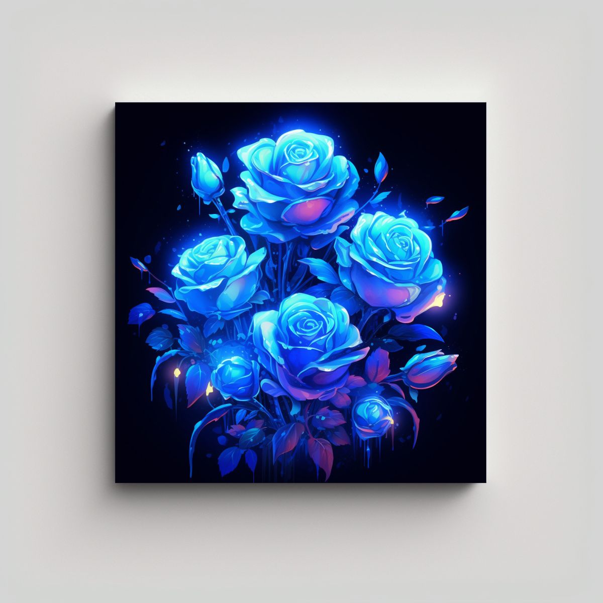 GENERICO - Luz Neón Azul Cuadro Decorativo Rosas Azules 100x100 Cm