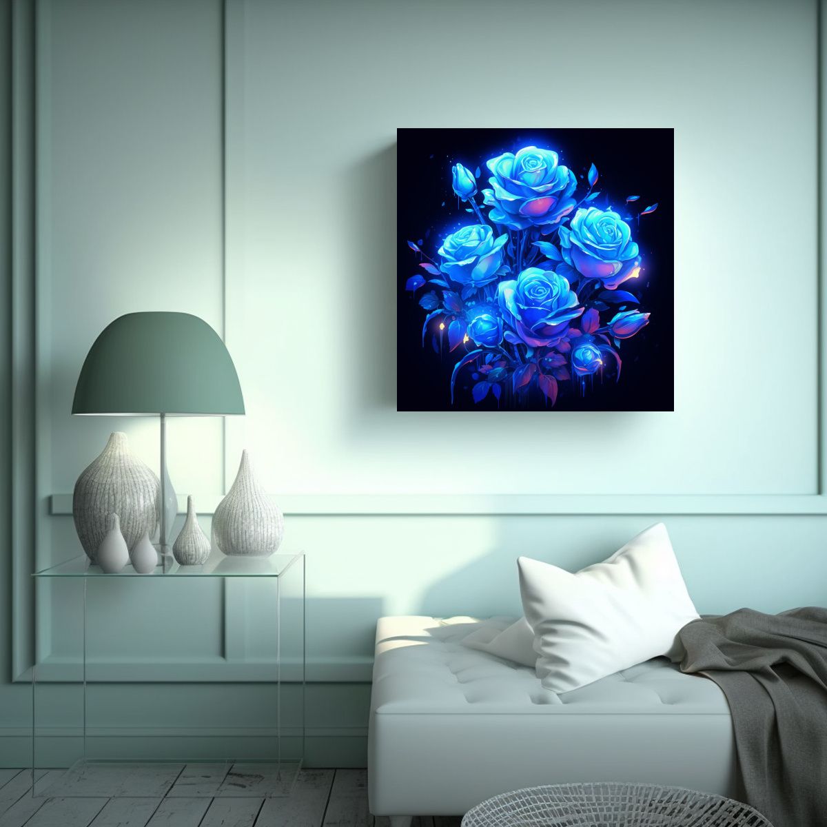 GENERICO - Luz Neón Azul Cuadro Decorativo Rosas Azules 100x100 Cm