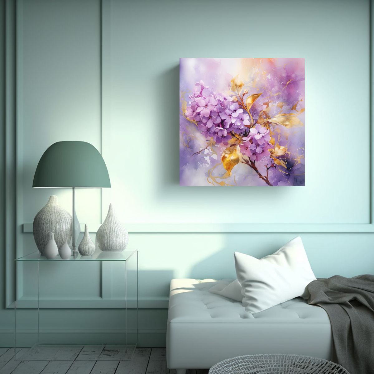 GENERICO - Cuadro Moderno De Flores Lilas Y Colores Dorados 100x100 Cm