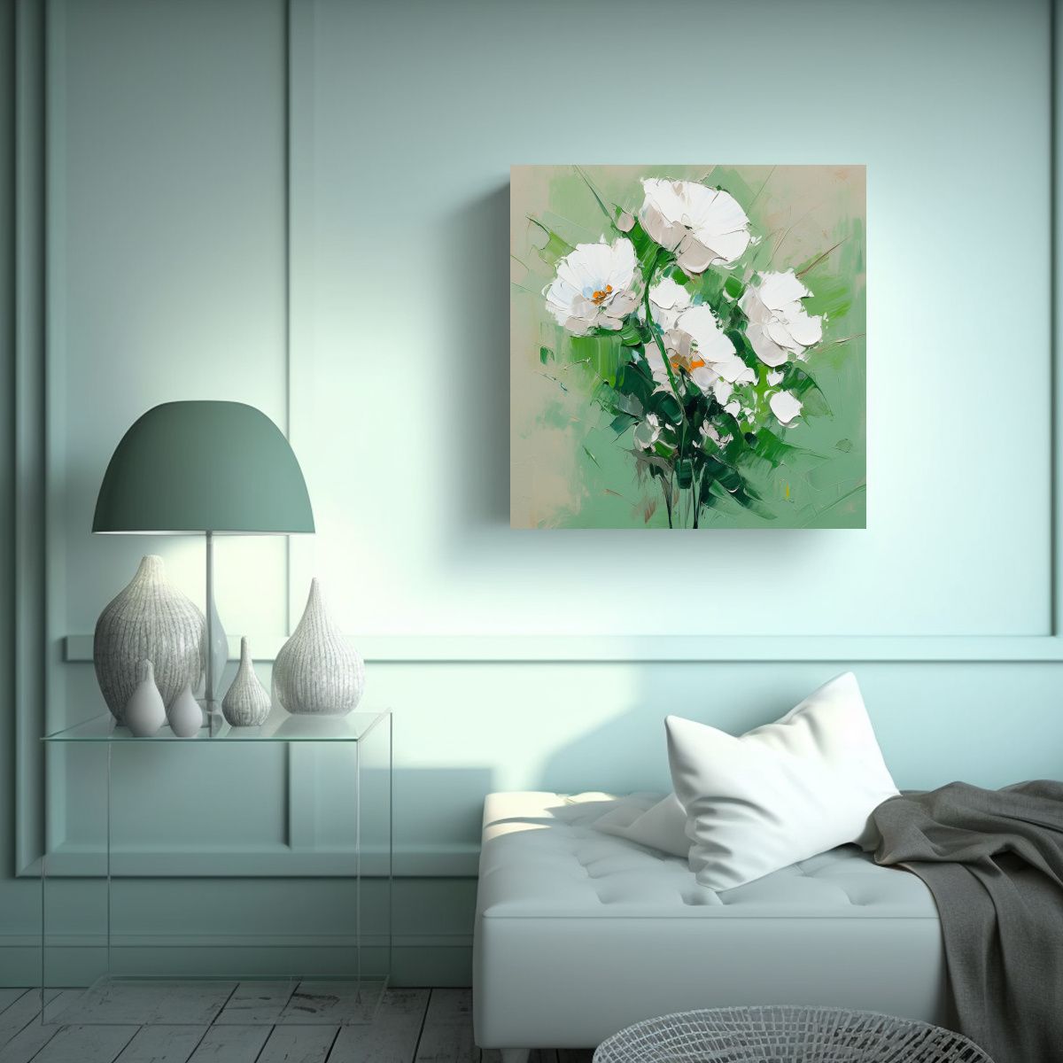 GENERICO - Pintura Lienzo Textura Flores Verdes Y Blancas En 100x100 Cm