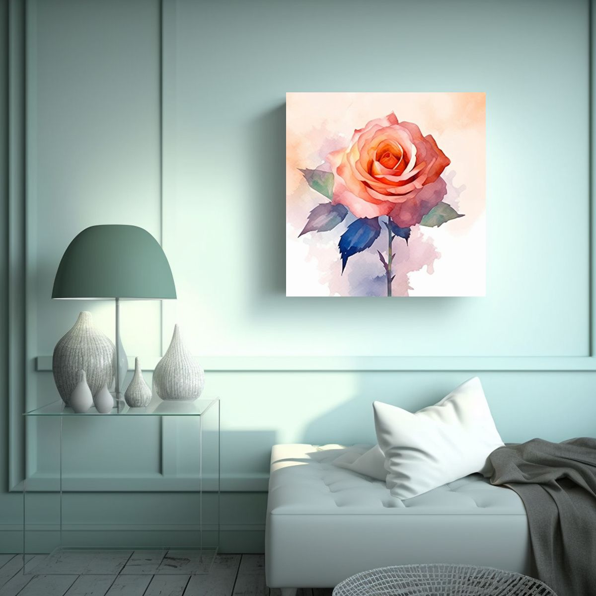 GENERICO - Cuadro Estilo Acuarela De Rosa Única En Lienzo 100x100 Cm