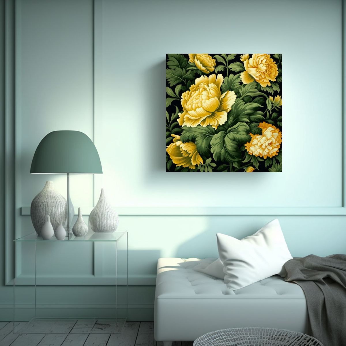 GENERICO - Cuadro Decorativo Clásico Floral En Vector Negro 100x100 Cm