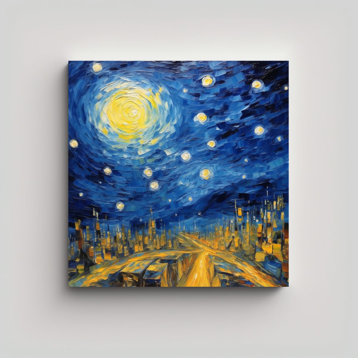 GENERICO - Pintura De Escena Nocturna Estrellada Con Ciudad 100x100 Cm