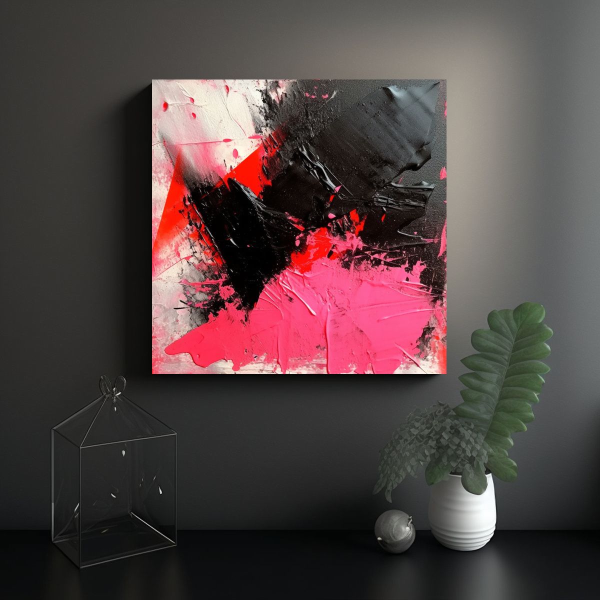 GENERICO - Pintura Abstracta En Tela Negro Y Rosa Intenso 100x100 Cm
