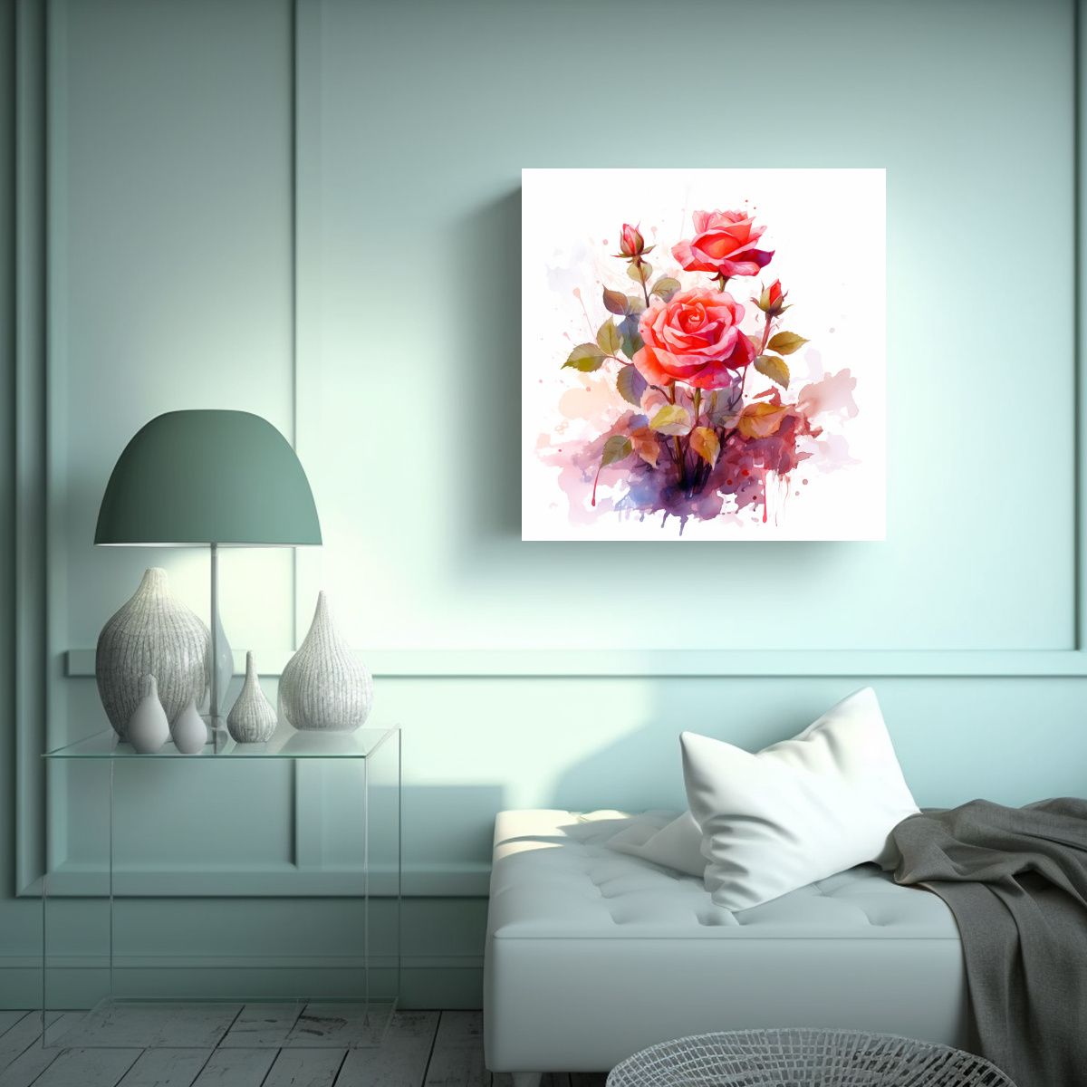 GENERICO - Cuadro Decorativo Rose Bush En Estilo Acuarela - 100x100 Cm