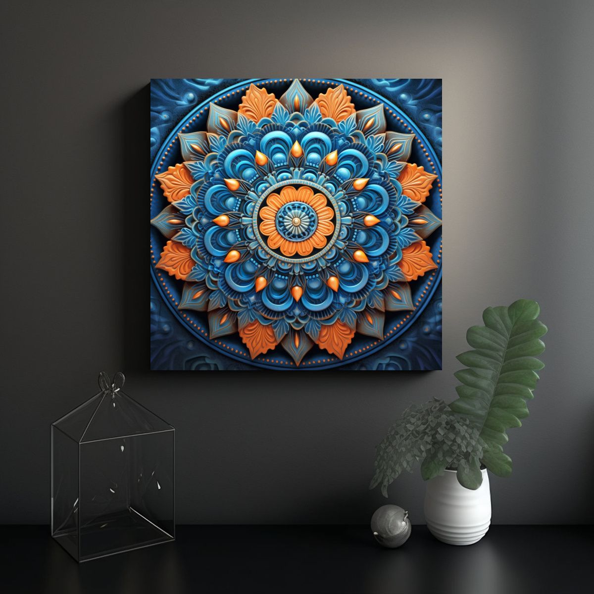 GENERICO - Cuadro Mandala Azul Y Naranja Expresión Visual 100x100 Cm