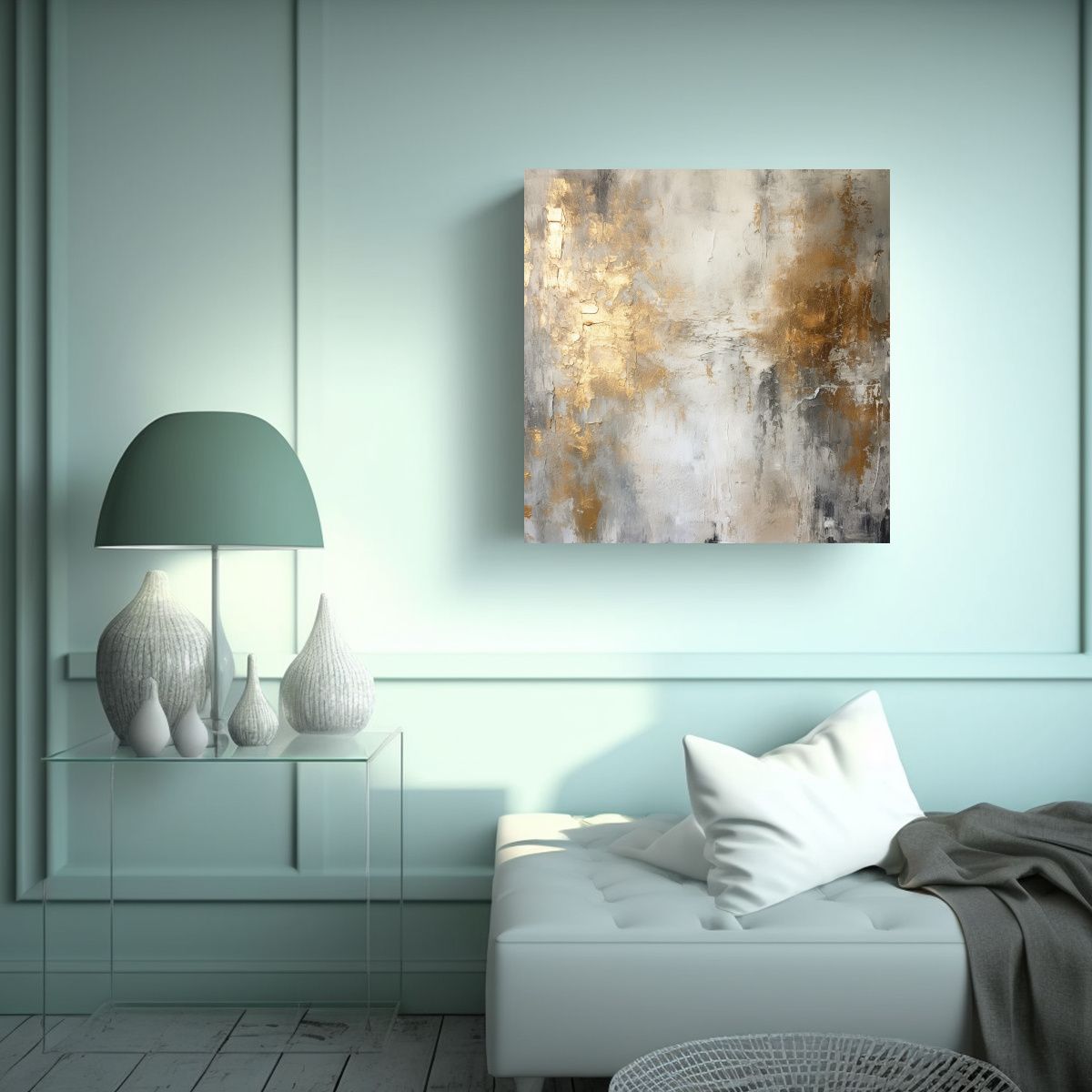 GENERICO - Pintura Abstracta En Gris Blanco Y Dorado Arte 100x100 Cm