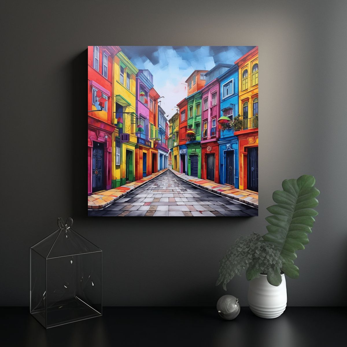 GENERICO - Cuadro Decorativo De Ciudad Con Casas Pintadas En 100x100 Cm