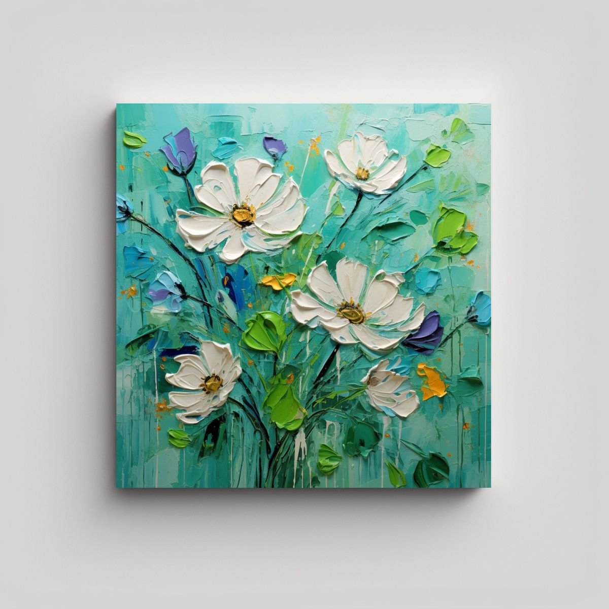 GENERICO - Pintura De Flores Verde Y Cian En Lienzo En La 100x100 Cm