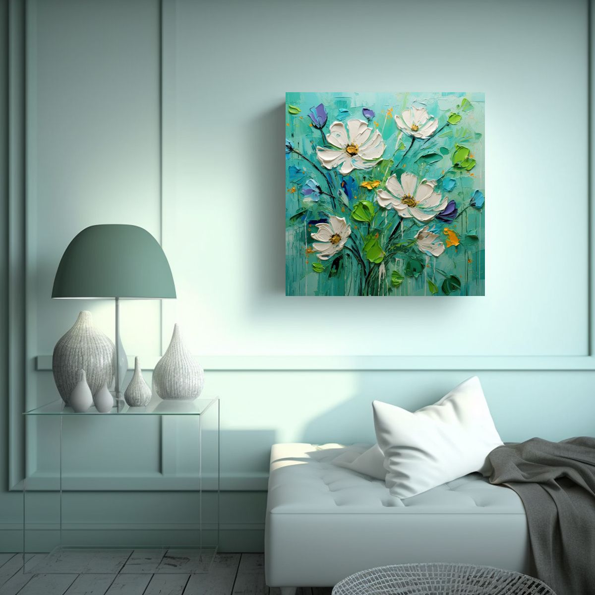 GENERICO - Pintura De Flores Verde Y Cian En Lienzo En La 100x100 Cm