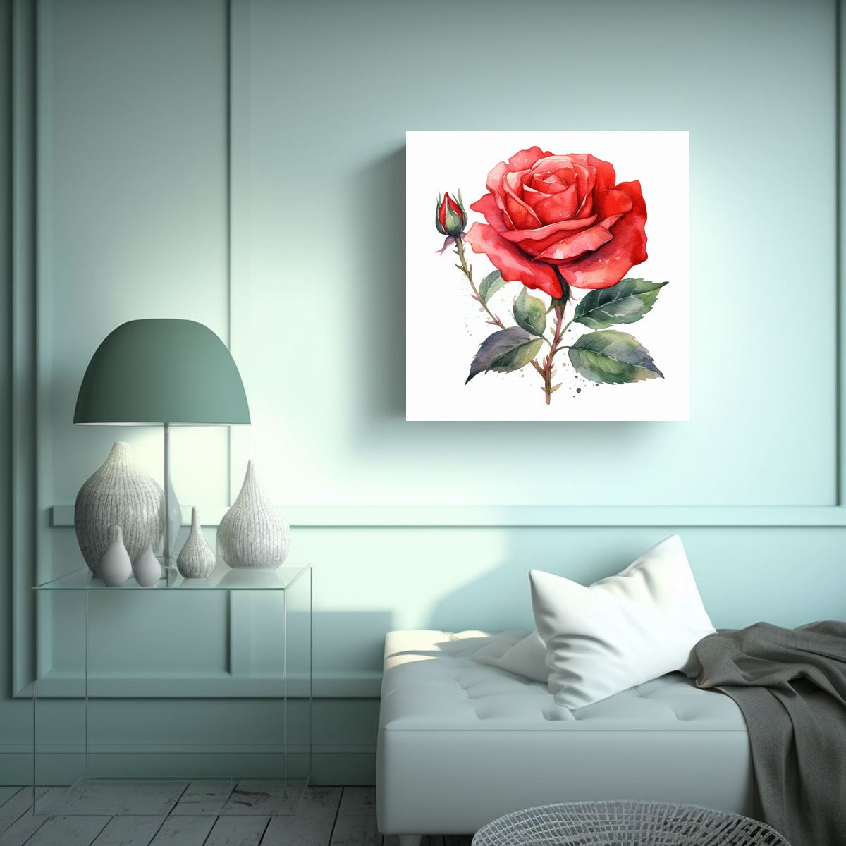 GENERICO - Clipart De Rosa Roja En Acuarela Y Arte De Pared 100x100 Cm