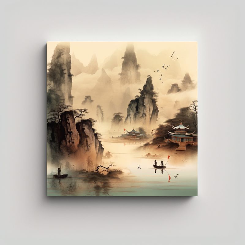 GENERICO - Pintura China De Paisaje Decoración Adorable 100x100 Cm