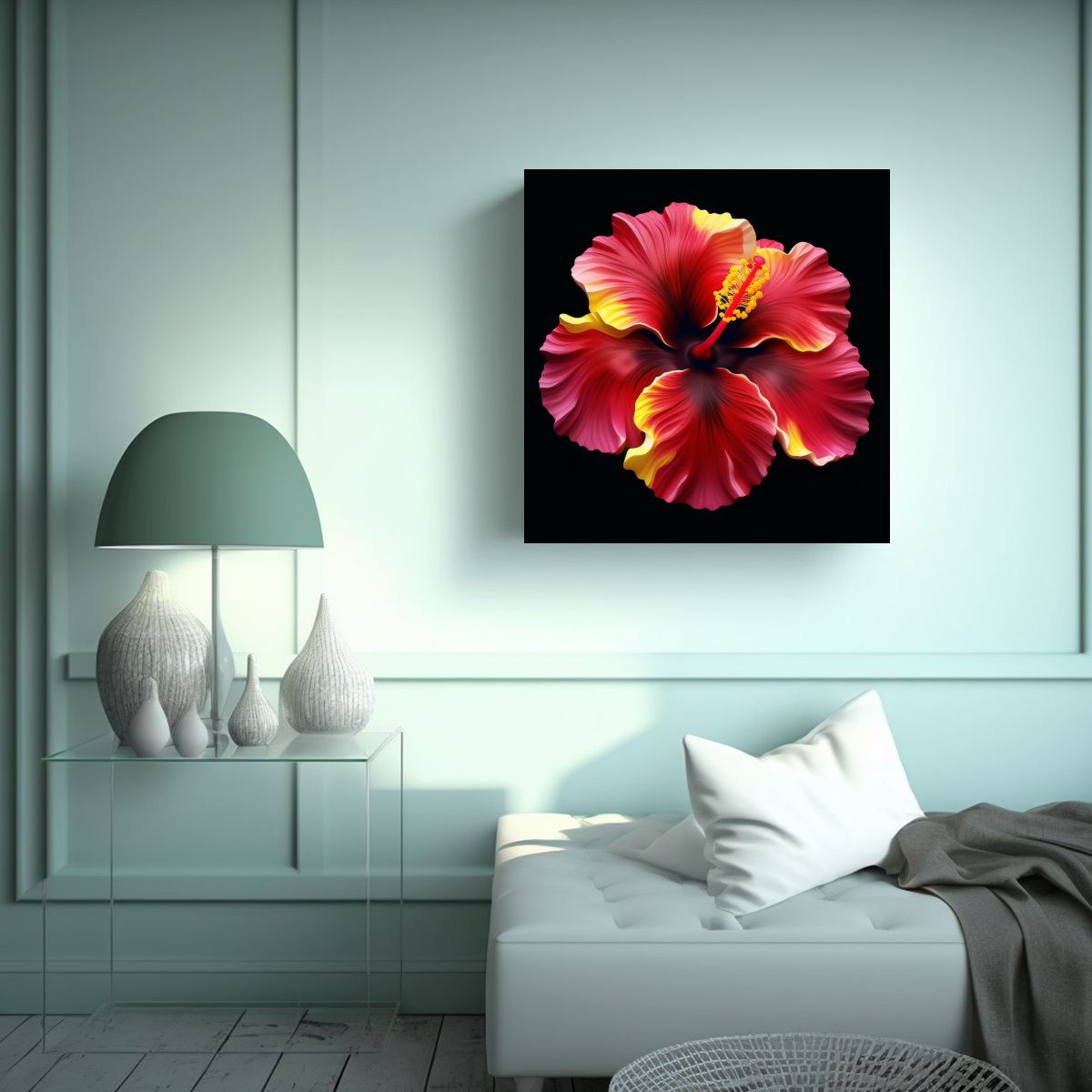 GENERICO - Pintura Detallada De Hibisco Rojo Amarillo Y Rosa 100x100 Cm