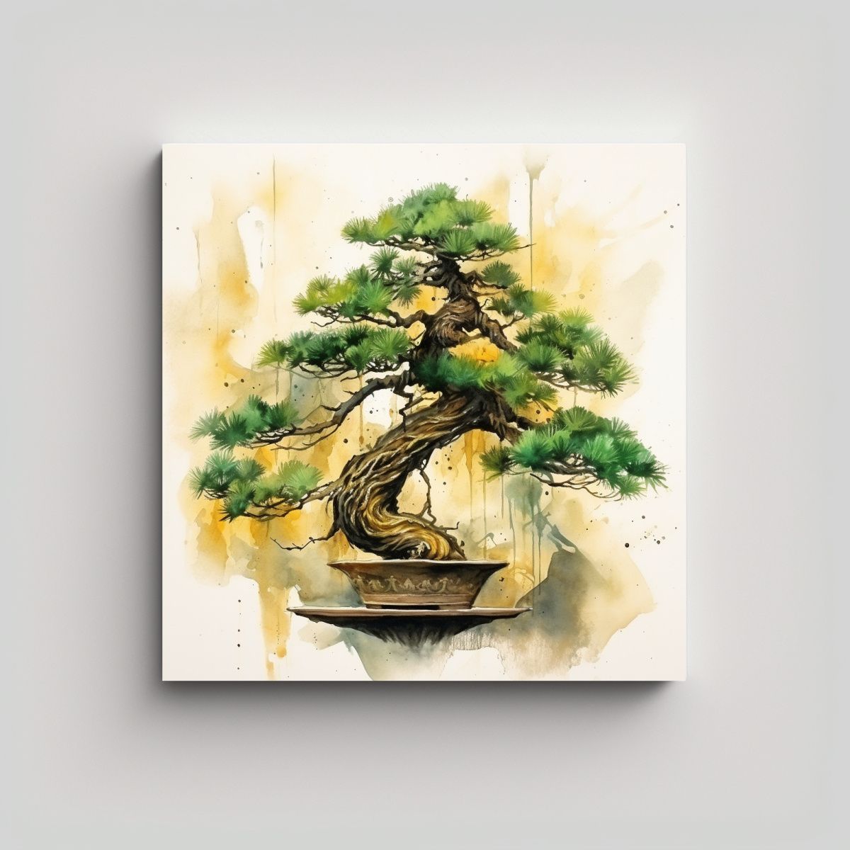 GENERICO - Cuadro Abstracto Bonsái De Pino En Colores Verde 100x100 Cm