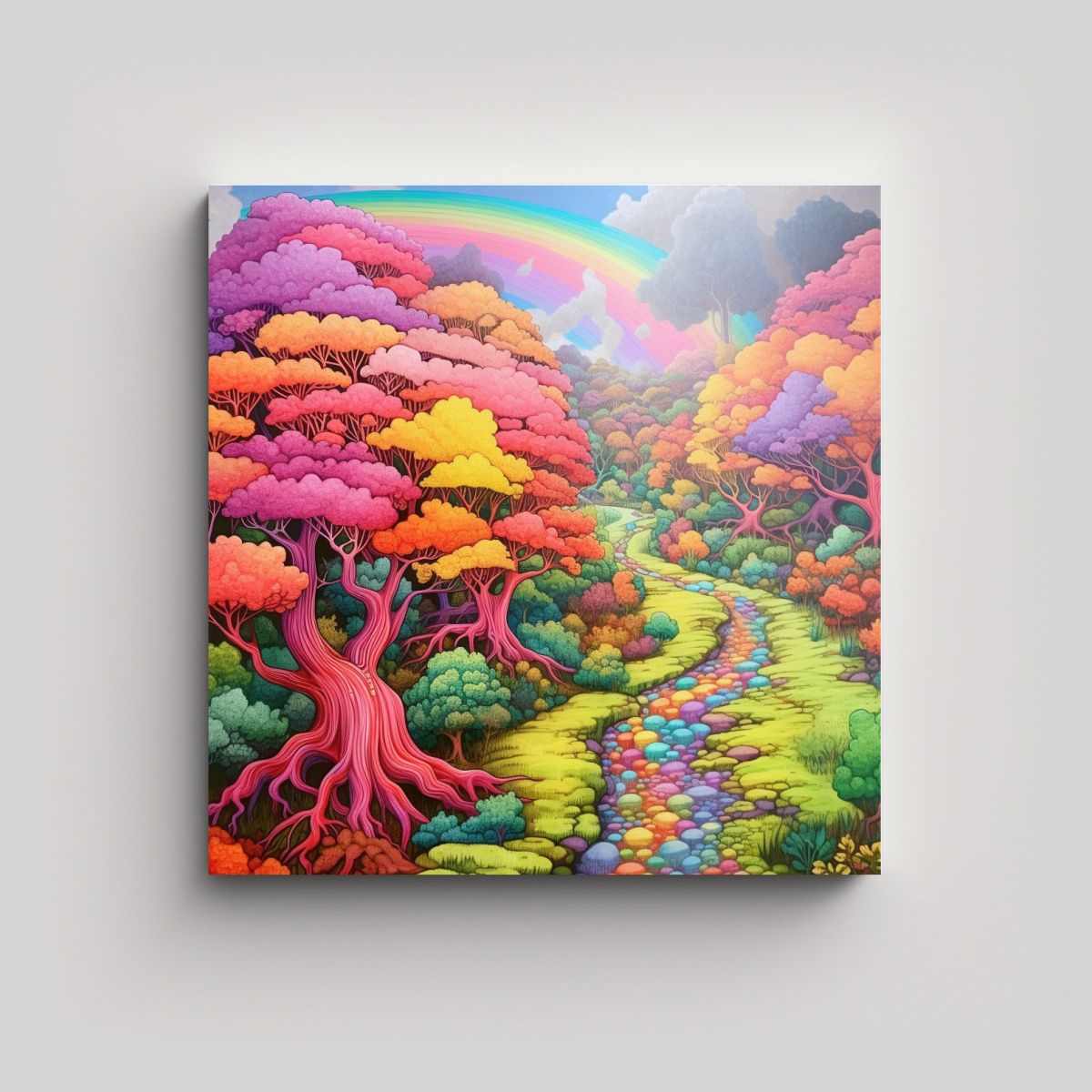 GENERICO - Cuadro Con Finas Líneas Bosque Arcoíris Y 100x100 Cm
