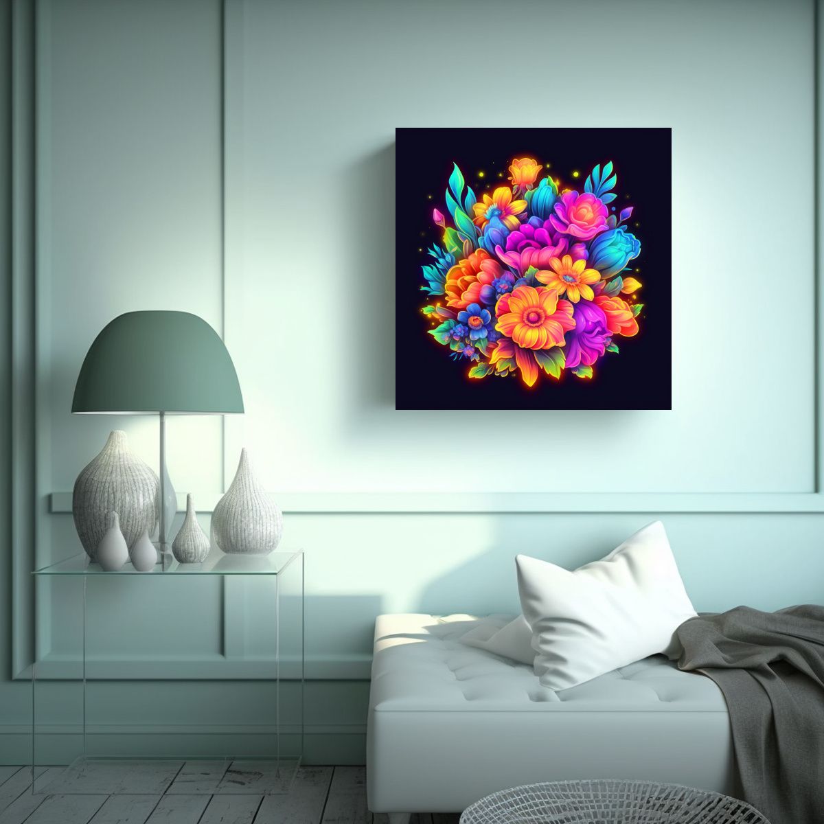 GENERICO - Cuadro Neon De Flores Arcoíris Y Finas Líneas 100x100 Cm