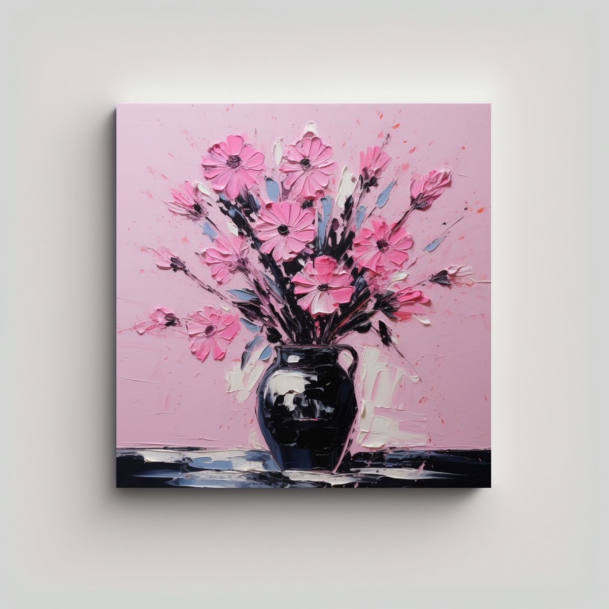 GENERICO - Cuadro Tema Dimensiones A Flores En Negro Y Rosa 100x100 Cm