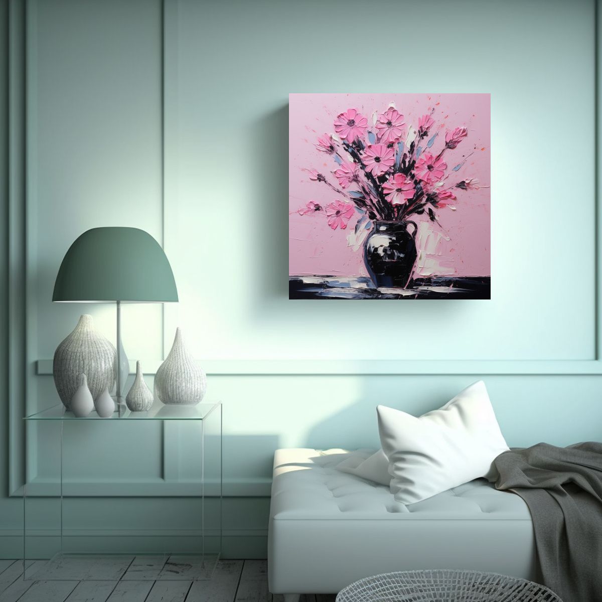 GENERICO - Cuadro Tema Dimensiones A Flores En Negro Y Rosa 100x100 Cm